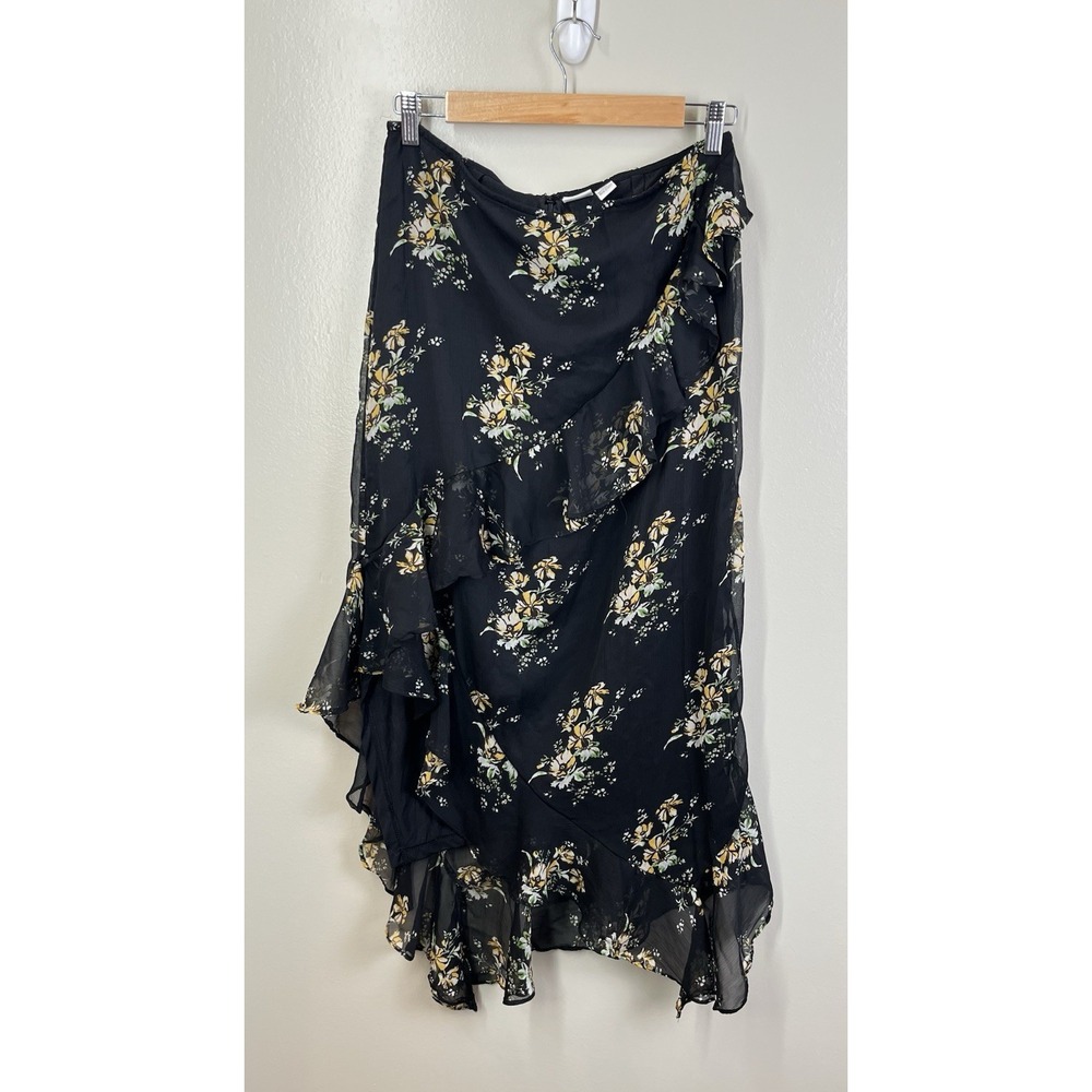 Luna Skies Dark Floral Faux Wrap Ruffle Maxi Skirt Fairy Asymmetrical Lined Sz L